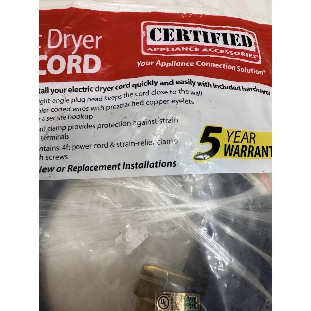Certified Appliance 4 Prong 4 Ft. Universal Electric Dryer Power Cord‎ -30 Amp